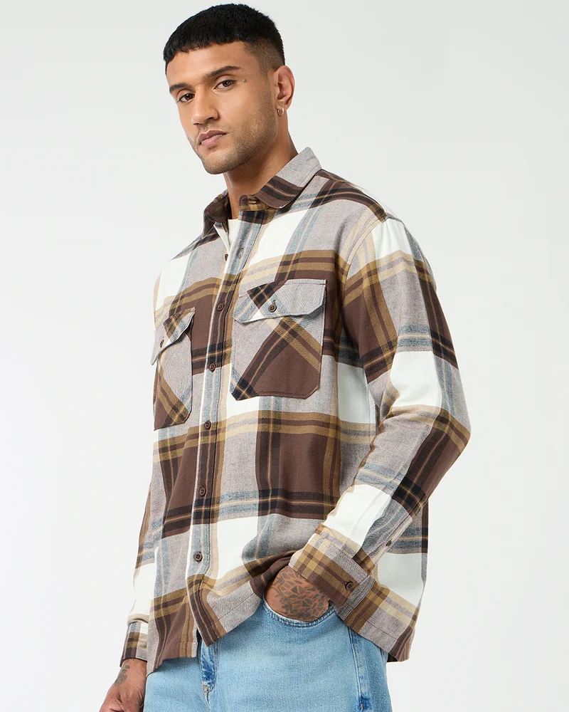 bewakoof Men's Brown & White Checked Oversized Shirt